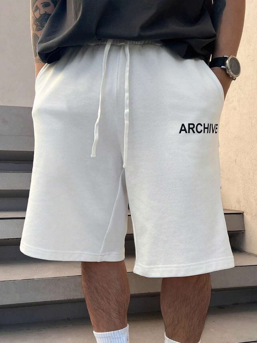 DAZY 男士字母印花白色弹力腰短裤，夏季 - 白色 - 查看 1