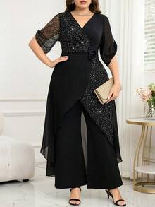 SHEIN Clasi 大码女式重叠V领翻边袖亮片拼接阔腿连体裤 - 黑色 - 查看 7