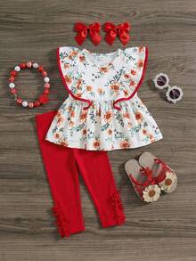 SHEIN Babygirl Summer Vacation Knit Floral Print Ruffle Trim Top And Elastic Waist Pants Set - Red - View 5