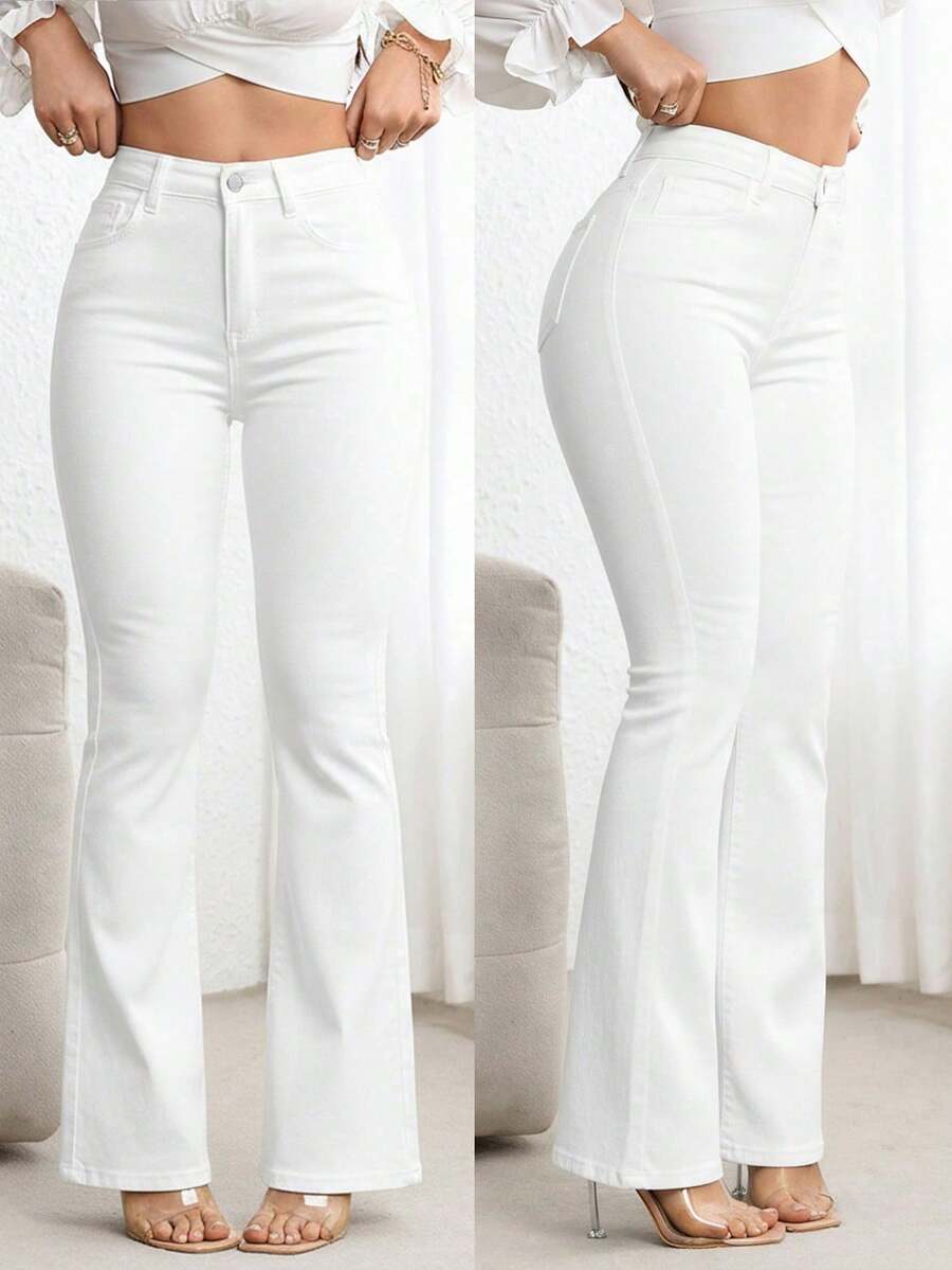 Flexra Women's Casual Everyday Office Commute Simple Versatile White Flare Jeans White Flare Pants Women White Pants Bell Bottom Pants Bootcut Women Jeans Flare Jeans Women - White - View 1