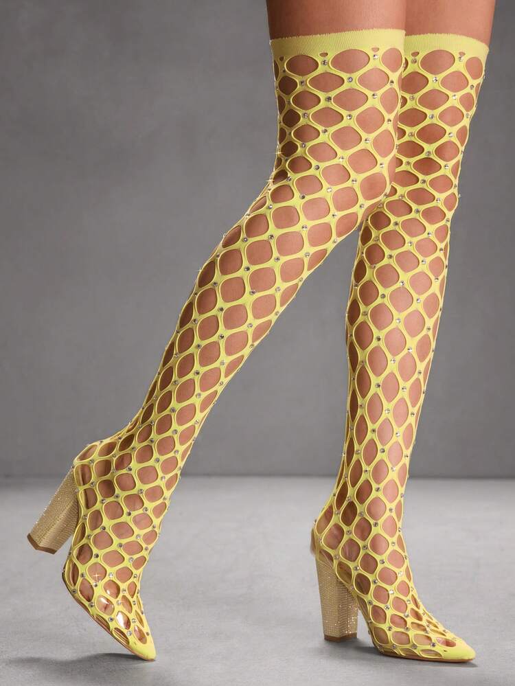 CUCCOO SZL Pointed Toe Chunky Heel Sexy Captivating Hollow-Out Design Stage Party Fashion Thigh High Boots For Spring Shoes Spring Break Easter Valentine's Day - Yellow - View 9