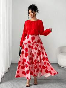 Elenzga Bộ 2 món trang phục thanh lịch và thời trang in họa tiết ngẫu nhiên cỡ lớn dành cho nữ ngày lễ tình nhân - Đỏ - Xem 7