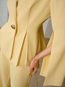 ZEYLAH Women's Elegant Pleated Blazer, High-End Stand Collar Jacket, Spring/Summer - Yellow - View 2