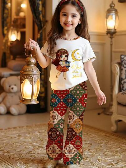 SHEIN 2pcs/Set Casual Cute Cartoon Girl & Retro Floral Print Round Neck Short Sleeve Top And Flare Pants, Suitable For Summer Girls Pants And Shirt Set Pajama Set For Girl Night Wear For Girls Pjamas Set Summer For Girl Kid