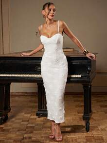 Silquee Women's Solid Color 3D Floral Decor Fitted Elegant Dress - White - View 5
