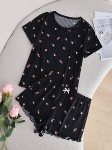 SHEIN Women's Floral Print Casual Pajama Set - Black - View 1
