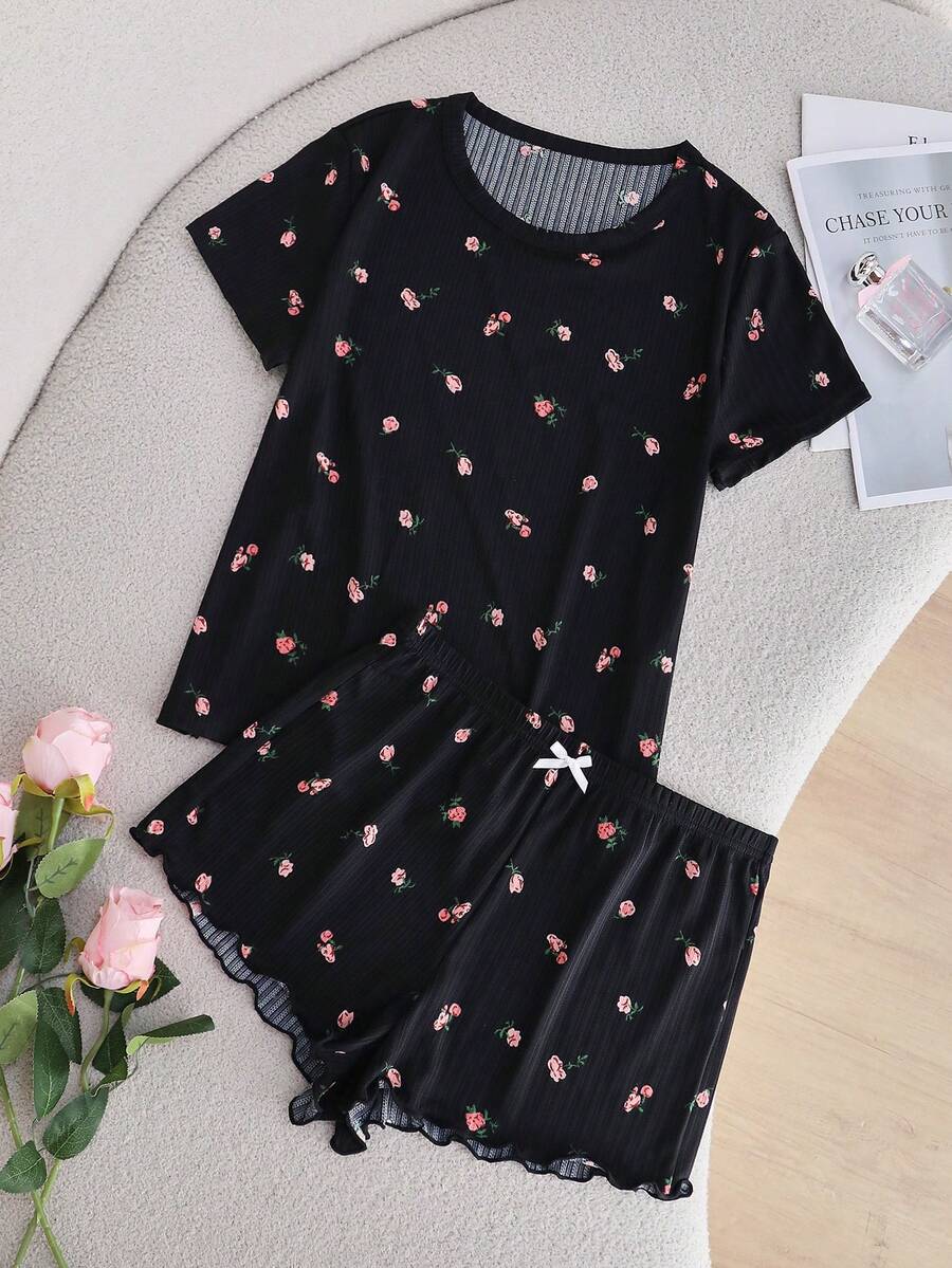 SHEIN Women's Floral Print Casual Pajama Set - Black - View 1