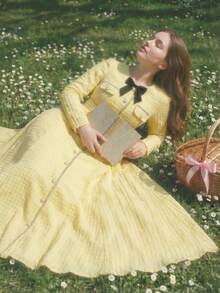 SHEIN MOD 大码女式优雅缎带蝴蝶结装饰长袖连衣裙，春夏款，新年/情人节款 - 黃色 - 查看 1