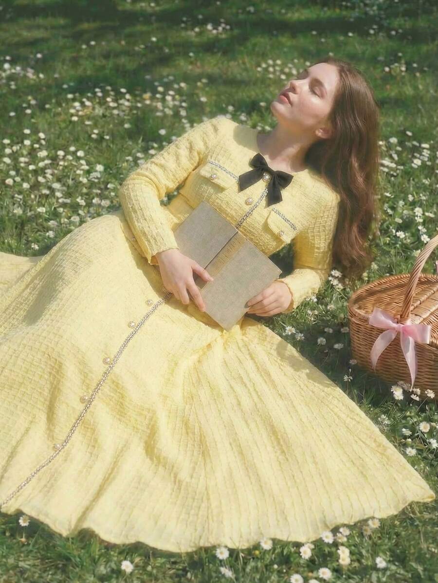 SHEIN MOD 大码女式优雅缎带蝴蝶结装饰长袖连衣裙，春夏款，新年/情人节款 - 黃色 - 查看 1