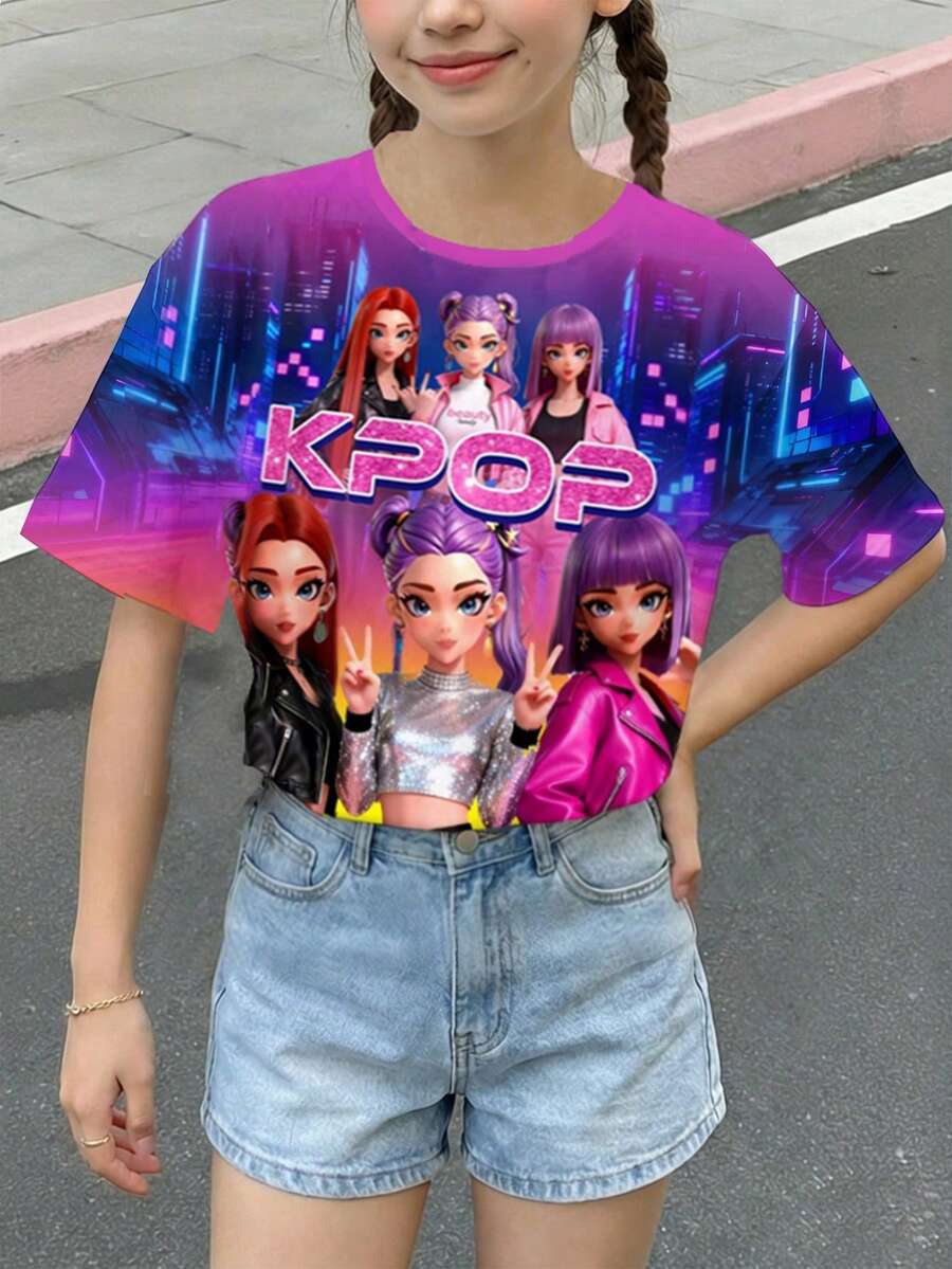 Áo thun ngắn tay cổ tròn, kiểu dáng thường ngày, màu neon rực rỡ, in hình hoạt hình cô gái K-POP ( ) dành cho bé gái tuổi teen, thích hợp mặc hàng ngày vào mùa xuân/hè, đi chơi, đi học, đi nghỉ mát. - Nhiều màu - Xem 1