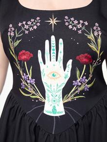 ROMWE Women's Mysterious Gothic Plant Palm Vine Print Sleeveless Dress - Black - View 2