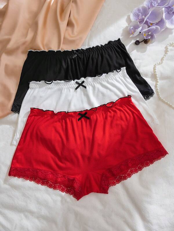 PetitDoll 3 条装大码女式棉质内裤，带蕾丝裤脚和荷叶边腰带，休闲