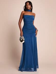 SHEIN BAE Women's Teal Blue Summer Elegant Dining Dress,Solid Navy Blue Ruched Fitted Maxi Strapless Tie Waist Beach Resort Wedding Guest Attire Brunch Dress - Navy Blue - View 6