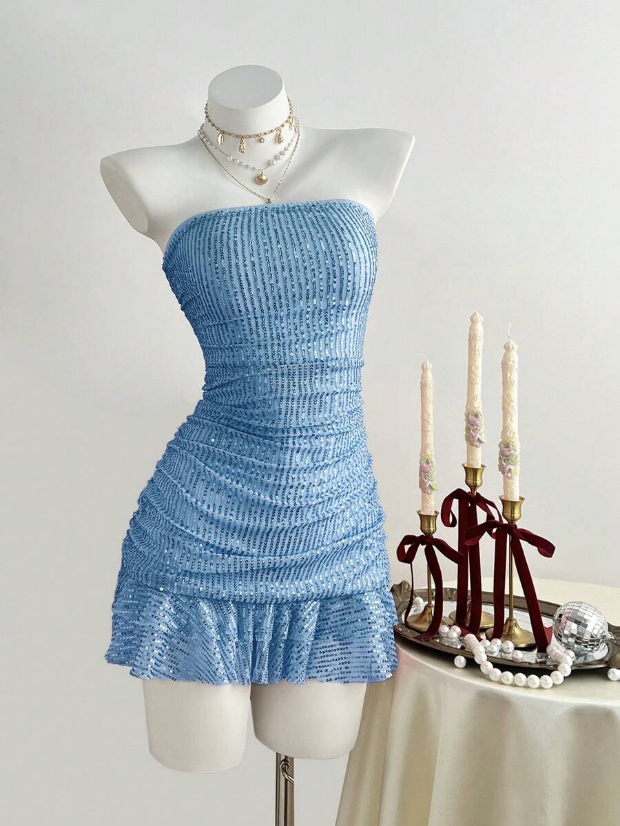 Elamini Women's Solid Color Sequin Ruffle Hem Fashionable Strapless Dress - Blue - View 1
