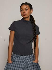 COUREZ Cap Sleeve Nylon Techy Top /Y2K Spring Clothes For Women Street Streetwear Cute Going Out Outfits Casual Top Party Rave Summer Top Summer Outfits - Dark Grey - View 2