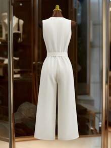 Franclia Minimalist French Style White Round Neck Pearl Embellished Sleeveless Waist Cinched Wide Leg Jumpsuit For Women - White - View 2