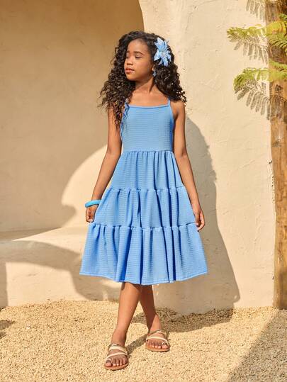 Vestido casual y lindo de cuadros esponjosos sin mangas de longitud media para niñas preadolescentes, adecuado para salidas, vacaciones, uso diario, vestido cómodo y suave