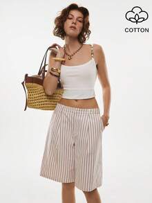 Poéselle Casual Women's Striped Woven Fabric Bermuda Shorts With Pockets - Blue - View 8