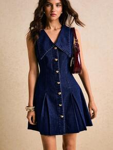 Poéselle 女士休闲前扣褶裥无袖牛仔连衣裙，夏季女士牛仔连衣裙，纽扣牛仔连衣裙，褶裥牛仔连衣裙，女士牛仔连衣裙，纽扣连衣裙，浅蓝色牛仔连衣裙，翻领牛仔连衣裙，修身牛仔连衣裙，女士S码牛仔连衣裙，曲线牛仔连衣裙，牛仔迷你连衣裙 - 深色水洗藍 - 查看 6