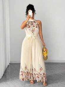 Elenzga Mono de pierna ancha con cuello de halter plisado y estampado para mujer de talla grande, estilo elegante y romántico para citas de primavera/verano. Monos elegantes y bohemios para mujer, conjuntos de ropa de vacaciones, atuendos de verano para mujer, atuendos de primavera para mujer, vestidos, atuendos de boda para mujer - Albaricoque - Ver 3