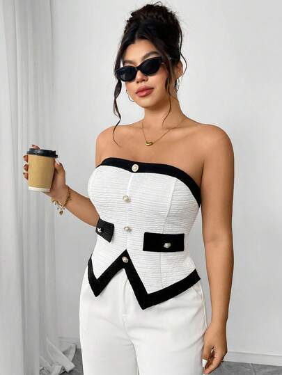 Elenzga 加大码纹理弹力面料撞色饰边单排扣装饰腰部修身不对称下摆裹身衬衫，优雅百搭，适合外出、约会、聚会、通勤、度假等场合。