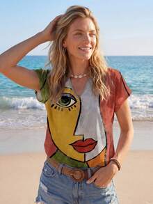 Sylviya Casual Full Print Portrait Pattern Women V-Neck Shirt, Suitable For Summer,Short Sleeve Tops Suitable For Going Out Chic Blouses For Women,Vacation - Multicolor - View 5