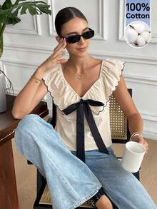 Serisse Áo kiểu nữ mùa hè kiểu Pháp 100% cotton màu trơn trang trí nơ, viền bèo nhún, áo sơ mi nữ trơn có bèo nhún, cổ áo thanh lịch và ruy băng, trang phục đi nghỉ mát cho nữ, trang phục miền Tây cho nữ, trang phục mùa hè cho nữ, trang phục thường ngày cho kỳ nghỉ, trang phục nghỉ dưỡng. - Màu be - Xem 3