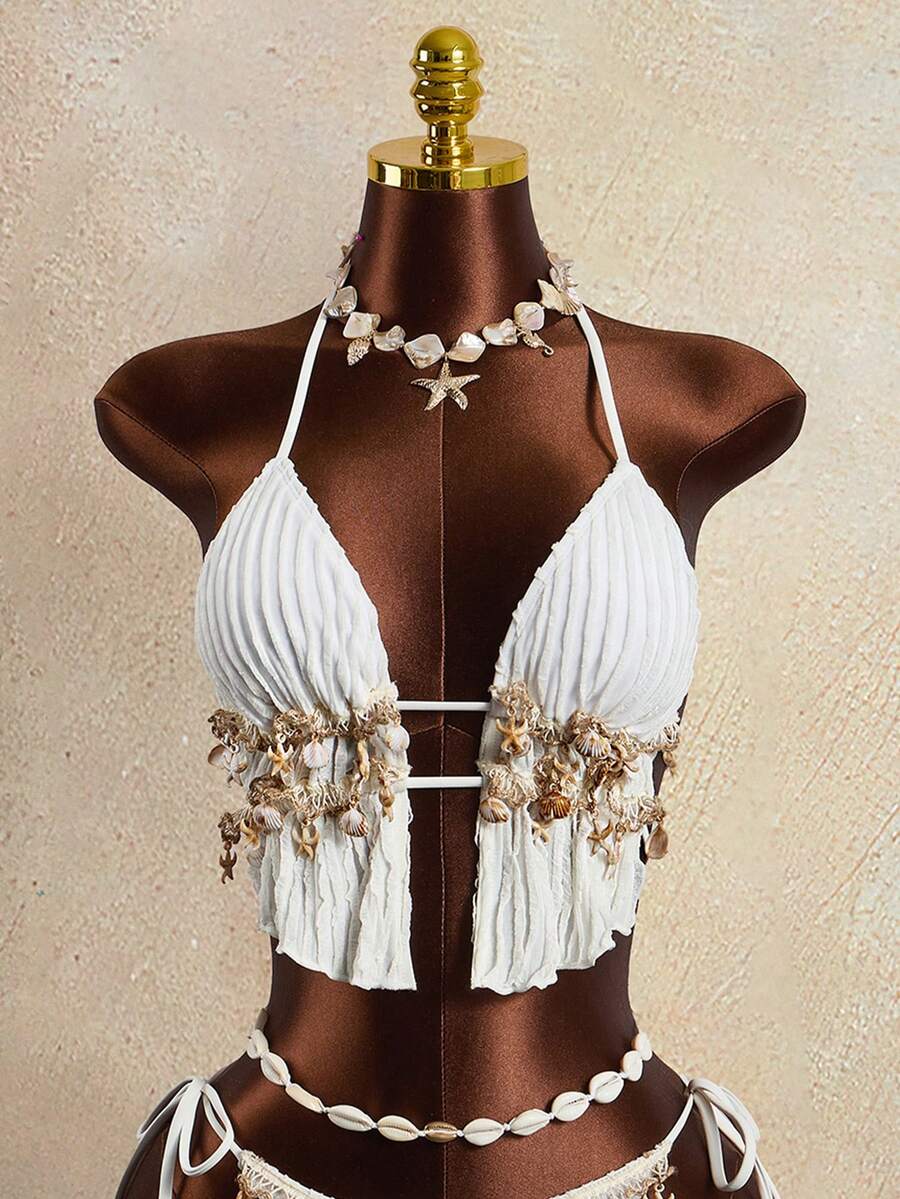 Zestiva Women's Elegant Wave Striped Shell Tie-Up Halter Bikini Top, Summer Beach - Beige - View 1