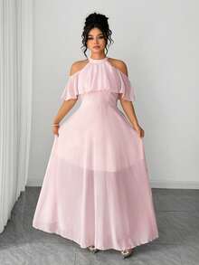 Elenzga Pink Woven Fabric Halter Neck Cold Shoulder Flared Long Dress With Zipper Details - Pink - View 6