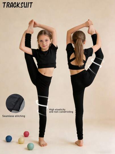 Girls' Yoga Set, Seamless Design, Hollow Back Short Sleeve, Comfortable Soft Activewear