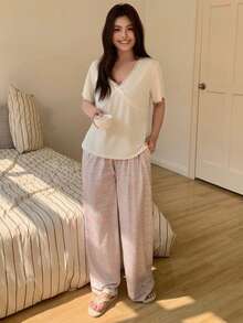 Dazy Plus Plus Size Women Contrast Lace Bow Decor Short Sleeve Top And Pants Pajama Set - White - View 6