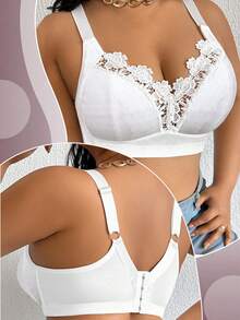 大码优雅纯色蕾丝拼接无钢圈文胸 - 白色 - 查看 4