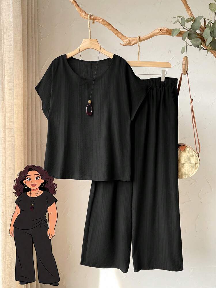 2枚セット プラスサイズ レディース 春 カジュアル ラウンドネック 黒 半袖 シャツ トップス ズボン セット ポケット付き