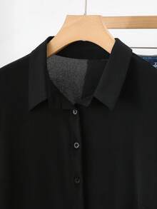 Modelyn Elegant Solid Color Long Sleeve Hem Ruffle Decor Fitted Plus Size Blouse, Spring/Autumn - Black - View 4