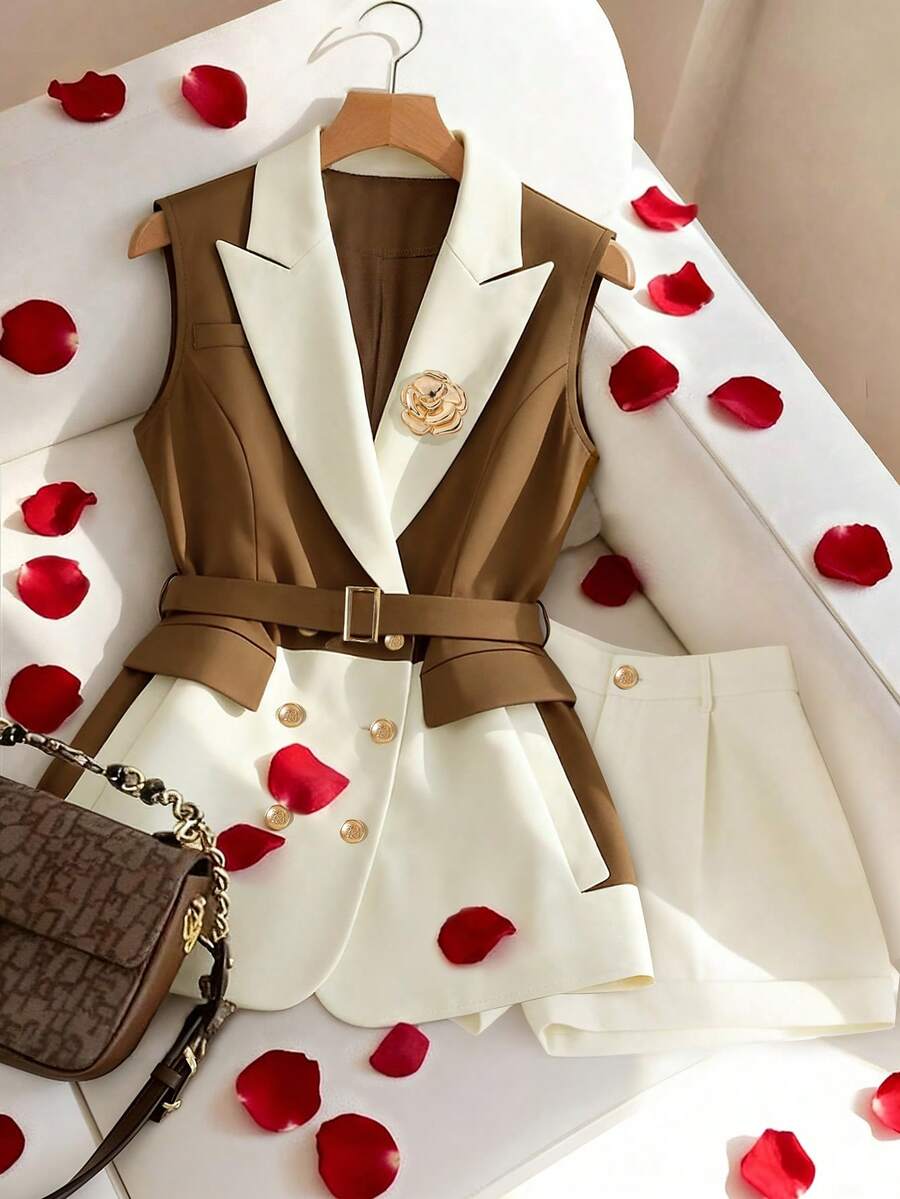 Elenzga Plus Size Women Minimalist Commuter Vest & Shorts 2 Pieces Set, Spring/Summer - Multicolor - View 1