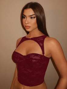 SHEIN BAE 音乐节假日黑色可拆卸束身胸衣上装，演唱会服装 - 酒紅色 - 查看 3