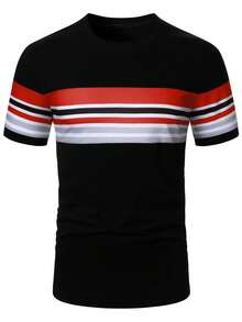 Manfinity Homme Áo thun nam tay ngắn cổ tròn kẻ sọc, kiểu dáng thường ngày, đa năng - Nhiều màu - Xem 4