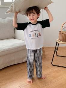 DAZY Young Boy Cartoon Print Round Neck Short Sleeve Top And Plaid Print Pants Pajama Set - White - View 5