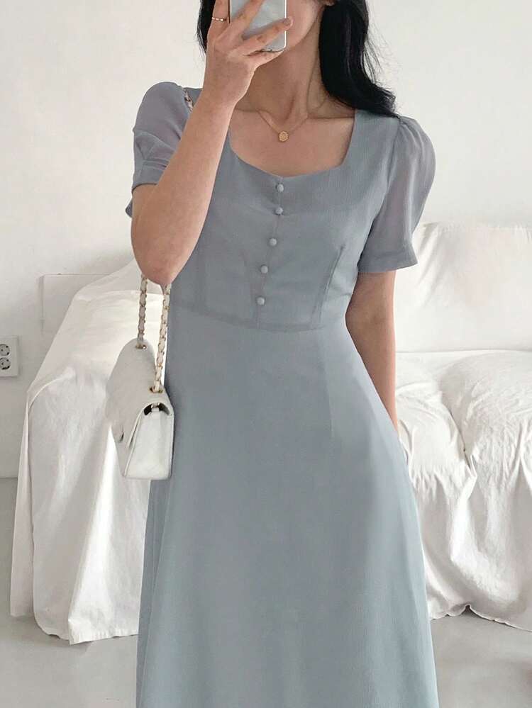 Women's Square Neck Waist Cinched Short Sleeve Chiffon Midi Dress Sundress