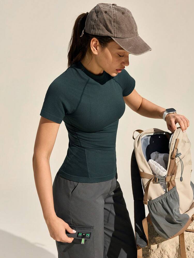 SHEIN In My Nature Women's Solid Color Raglan Short Sleeve Casual Fitness Outdoor T-Shirt - Dark Green - View 1