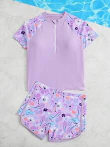 SHEIN 少女比基尼套装，紫色短袖上衣和短裤两件式泳装，时尚休闲优雅，适合少女游泳、夏季度假、海滩和泳池穿着。 - 紫色 - 查看 4