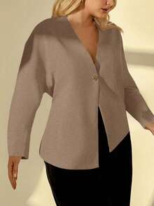Auralis Plus Size Fashionable Commuter Solid Color Batwing Sleeve Asymmetric Hem Blouse - Apricot - View 4