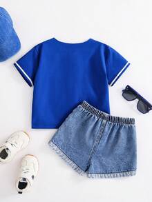 SHEIN 2件套男女宝宝休闲时尚蓝色短袖衬衫和牛仔短裤套装，春夏宝宝服装，套装，街头服饰 - 寶藍色 - 查看 2