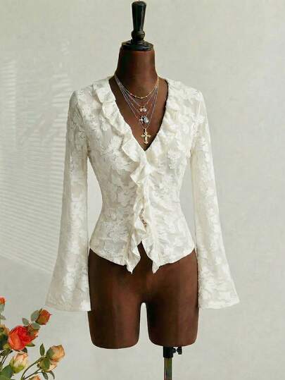 SHEIN MOD ملابس علوية نسائية طويلة الأكمام شفافة بنقشة جاكارد لون المشمش، مناسبة للخروج، إطلالات ريفية، ملابس شاطئية، حفلات الشاي، بلوزات جميلة، عيد الحب، ملابس علوية وردية، إطلالات ربيعية/صيفية، كاجوال، ملابس علوية حفلات، ملابس علوية دانتيل، إطلالات عيد الحب للنساء، أنيقة، ملابس عيد الميلاد، ملابس علوية دانتيل بيضاء طويلة الأكمام، ملابس علوية دانتيل نسائية، ملابس علوية بيضاء أنيقة، ملابس علوية بياقة V مكشكشة