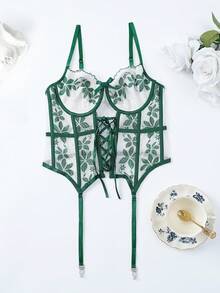 Myrelith Women's Sheer Lace Sexy Lingerie Bra Corset With Straps Under Bust Corset Lingerie Set Green Corset For Women Lace Up Corset - Green - View 6