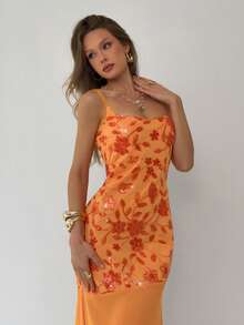 Aloruh 女士新款纯橙色亮片刺绣雪纺吊带修身长裙，性感垂褶领口，适合派对、婚礼、海滩、度假、晚宴、约会等场合 - 橘色 - 查看 8