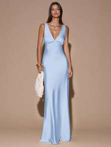 SHEIN BAE 性感简约纯色黄/米色深V领无袖露背系带连衣裙，适合派对、鸡尾酒会、正式场合、伴娘、生日、圣诞节、商务休闲等场合。 - 淺藍色 - 查看 3