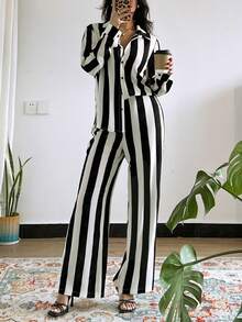 Pariaura Petite Women's Elegant Vacation & Commute Striped 2 Pieces Set - Black and White - View 4