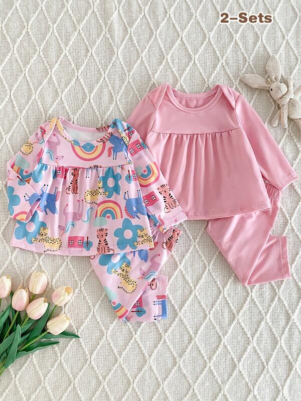 4pcs Newborn Baby Girl Outfit, Cute Cartoon Rainbow Tiger & Floral Print Shoulder Tee & Pants, Pink Solid Long Sleeve & Pants Pajama Set