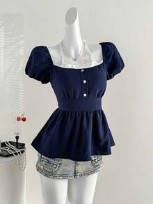 Sweetra Elegant Ruffled Collar Lace-Up Puff Sleeve Blouse, Versatile Design For Early Spring, Feminine Style - Navy Blue - View 6